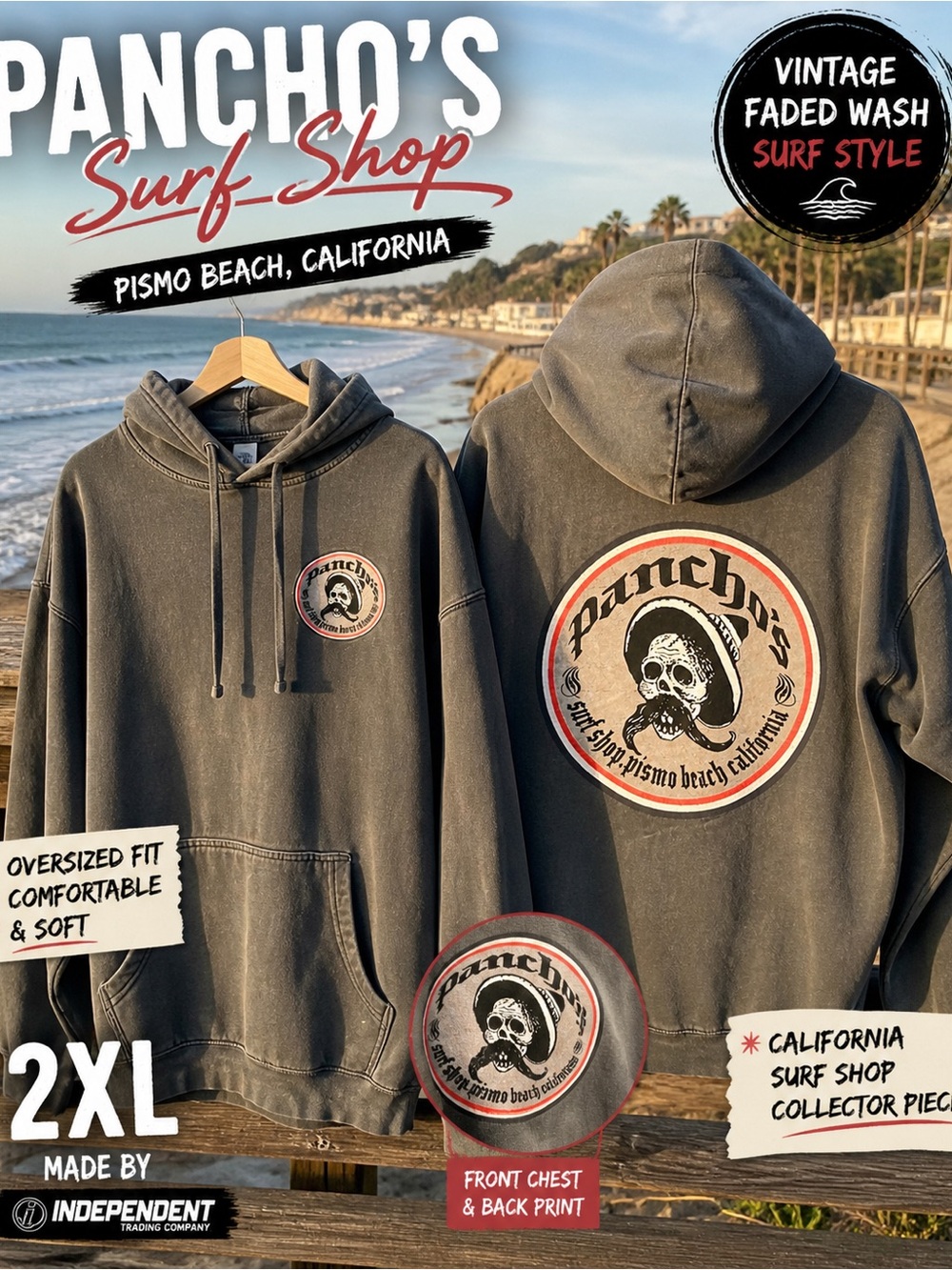 Pancho’s Surf Shop Hoodie | Pismo Beach CA | Vintage Wash Graphic | 2XL  NWOT